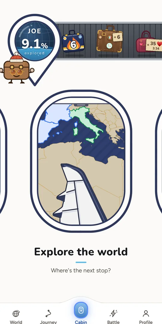 The cabin, with a porthole looking down on Italy