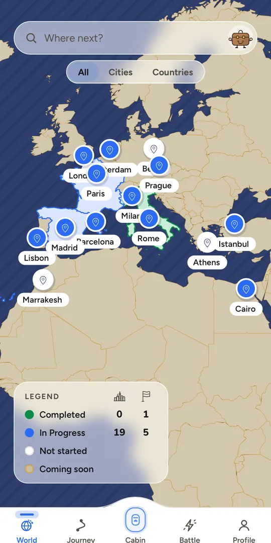 The world map with cities to explore across Europe